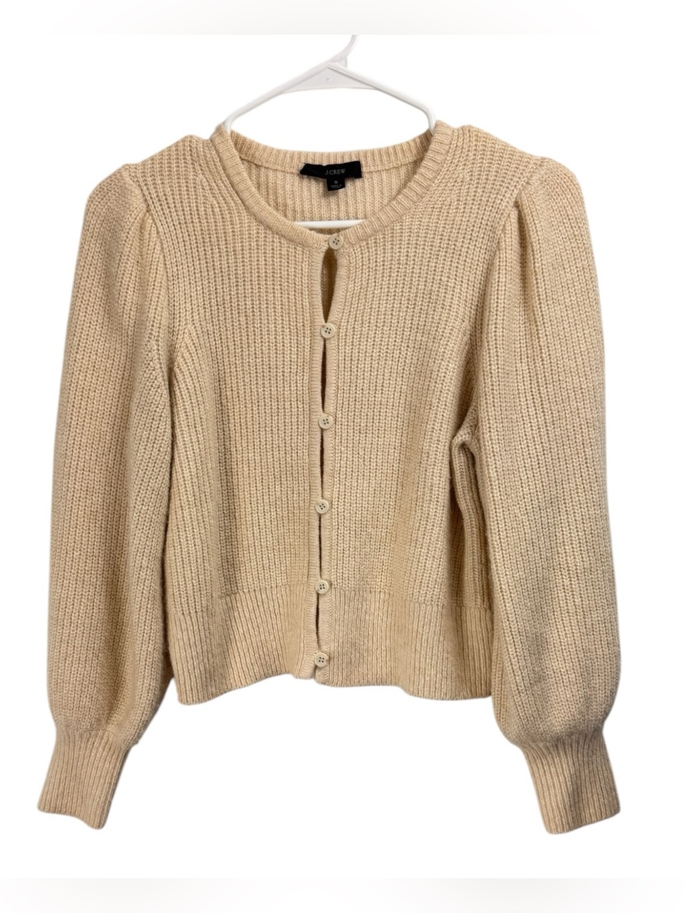 J Crew Size Small Puff Sleeve Wool Alpaca Blend Cream Cardigan Sweater Coquette